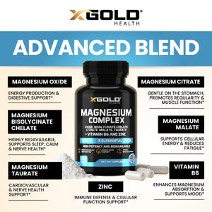 X Gold Health Magnesium Complex 5-in-1 with Zinc & B6 High Absorption Capsules (Glycinate, Citrate, Malate, Taurate, Oxide) Muscle Recovery, Energy, Sleep Support & Immune Health 500mg Made in USA X Gold Health buy supplements Au