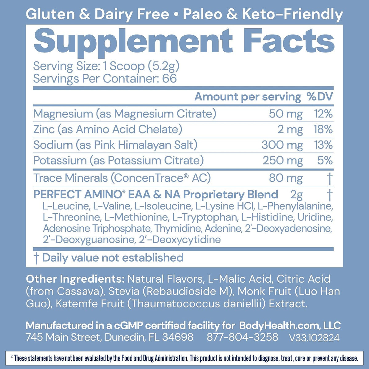 BodyHealth PerfectAmino Electrolytes Powder No Sugar, Hydration Fasting Keto Zero Sugar Electrolytes Drink Mix with Trace Minerals - NSF Certified for Sport - Watermelon - 66 Servings