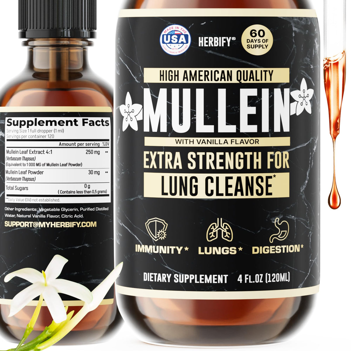 HERBIFY Mullein Drops - Lung Cleanse - Leaf Extract - Powerful Mullein for Immune Support,Detox & Respiratory Support - Made in USA - Lung Cleanse for Smokers - 4 Oz
