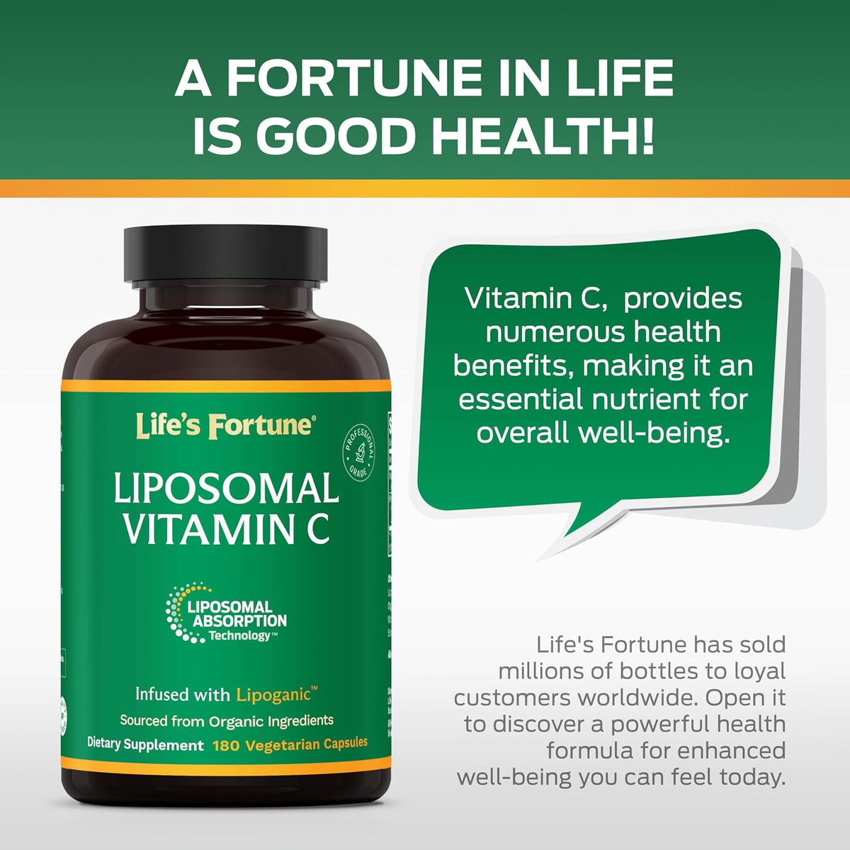 Life's Fortune Liposomal Vitamin C 2100 mg, Fast Acting Absorption, Higher Bioavailability Supporting Immune System, High Antioxidant Supplement Formula – Collagen Booster – 180 Capsules