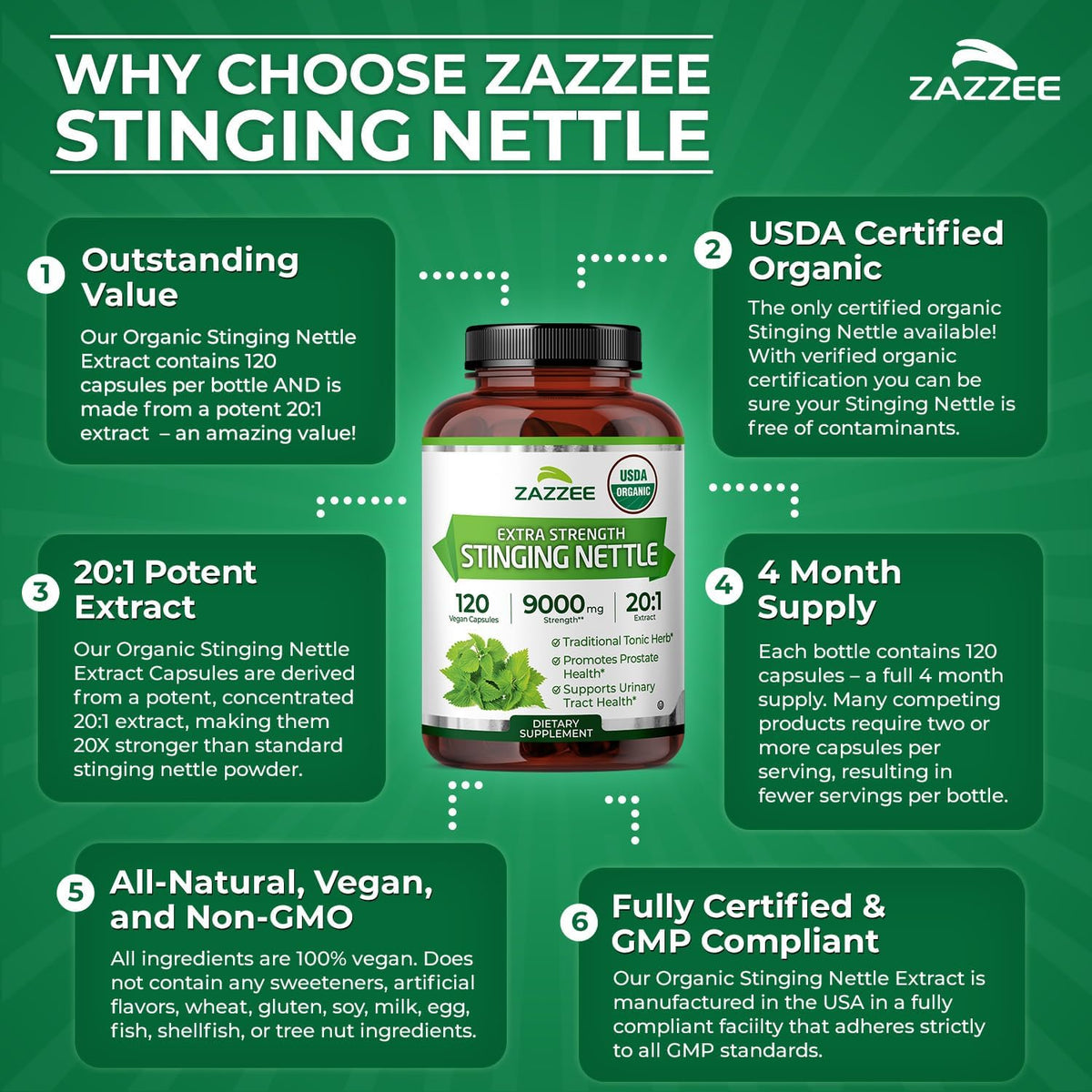 Zazzee USDA Organic Stinging Nettle Leaf 20:1 Extract, 120 Vegan Capsules, 4 Month Supply, Urtica Dioica, Respiratory, Immune & Seasonal Wellness Support, Organic Herbal Supplement, Made in the USA