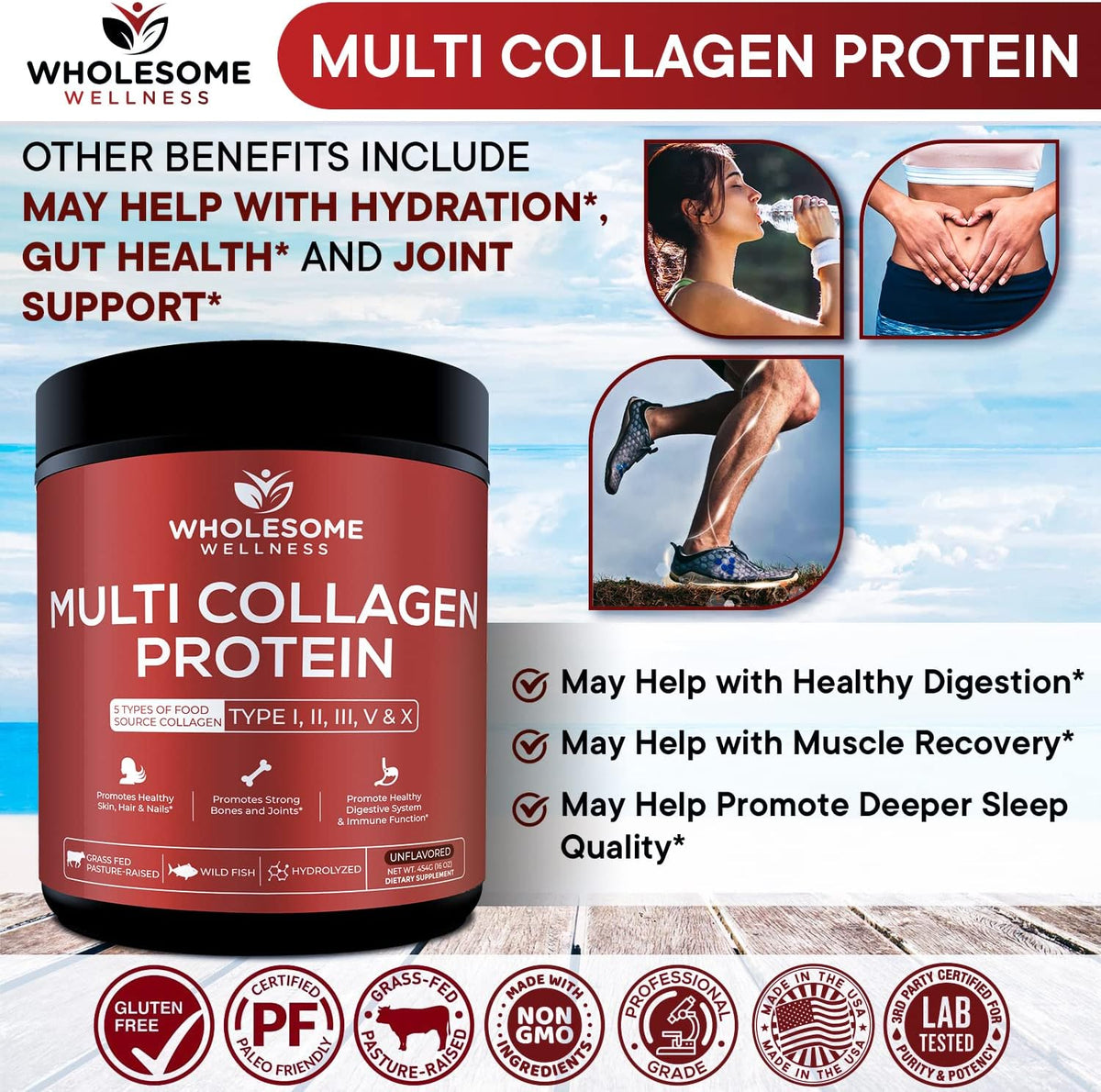 Wholesome Wellness Multi Collagen Protein Powder Hydrolyzed (Type I II III V X) + Grass Fed Desiccated Beef Liver Capsules (180 Pills, 750mg Each) - Natural Iron, Vitamin A, B12 for Energy Bundle