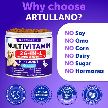 Dog Multivitamin Chewable with Glucosamine 26 in 1 - Dog Vitamins and Supplements - Senior & Puppy Multivitamin for Dogs - Pet Joint Support Health - Immunity, Mobility, Gut Skin - 120 Chews