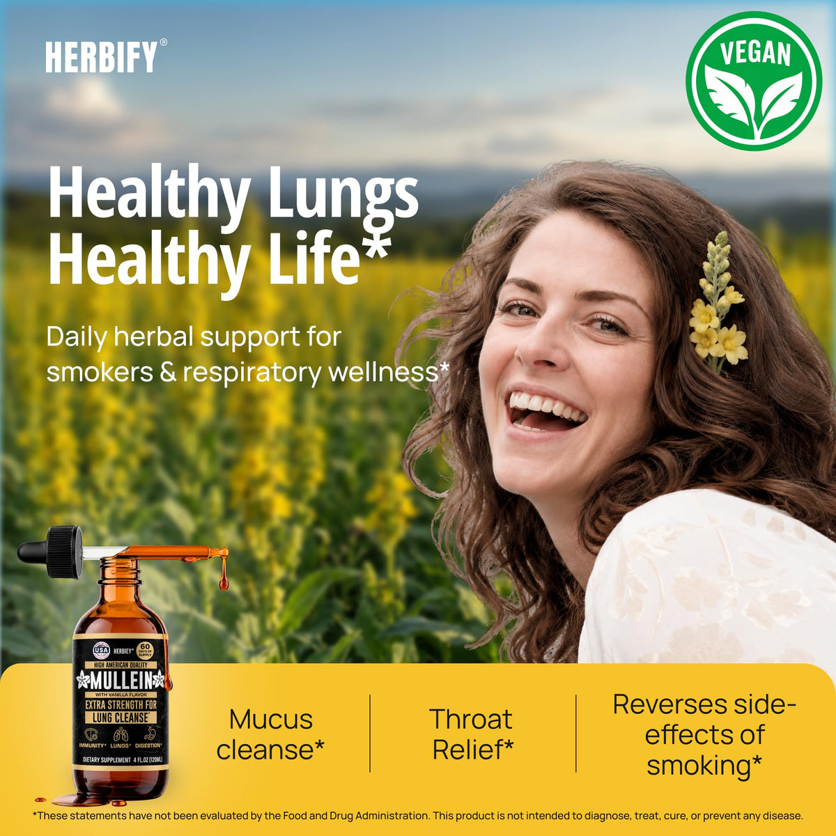 HERBIFY Mullein Drops - Lung Cleanse - Leaf Extract - Powerful Mullein for Immune Support,Detox & Respiratory Support - Made in USA - Lung Cleanse for Smokers - 4 Oz
