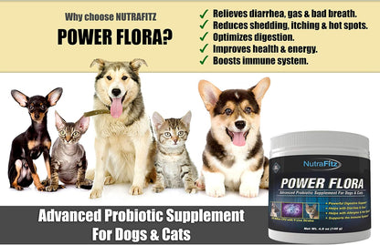 Power Flora - Probiotics for Dogs and Cats with 9 Live Strains - Dog Probiotics Improves Dog Breath, UTI, Diarrhea, Constipation, Skin Allergy, Hot Spots - Odorless Powder - 350 Billion CFU/jar