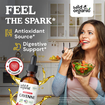 Wild & Organic Cayenne Pepper Drops - Antioxidant & Digestive Support - Capsaicin Supplements - Fast Absorbing Liquid Cayenne Pepper Extract Tincture - No Spicy Aftertaste, Alcohol-Free - 4 fl oz
