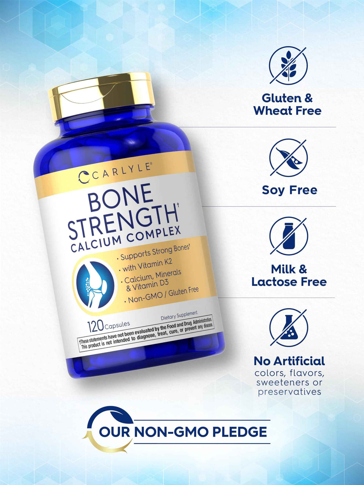 Carlyle Bone Strength Calcium Complex Supplement | with Vitamin D3, Magnesium, K2, Zinc & Boron | 120 Capsules | Non-GMO, Gluten Free