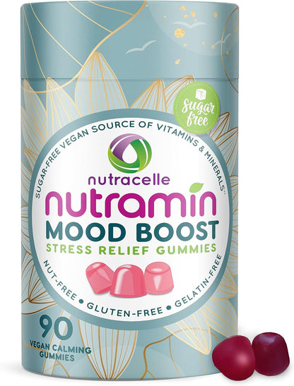 NUTRAMIN Mood Boost Multivitamin Gummy - Delicious & Yummy Anti-Stress Magnesium Ashwagandha Gummies + B Complex Vitamins for Focus and Calm - Sugar-Free, Vegan, Gluten-Free, Allergy-Safe (90 Count)