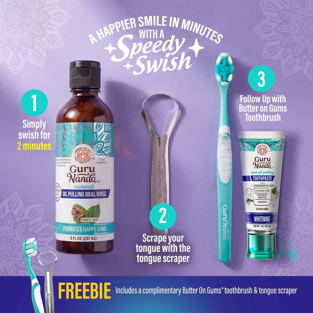 GuruNanda CocoMint Oil Pulling Mouthwash for Complete Oral Hygiene, 7 Essential Oils & Vitamins for Happy Teeth & Gums & Fresh Breath with Toothbrush & Tongue Scraper