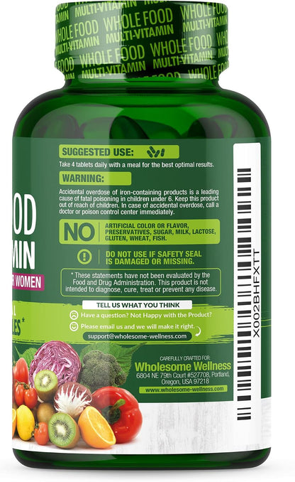 Wholesome Wellness Whole Food Multivitamin for Women - Natural Multi Vitamins, Minerals, Organic Extracts - 120 Tablets