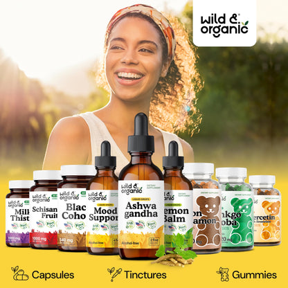 Wild & Organic Ashwagandha Drops - Mood Support & Positive Energy - 500 mg Ashwagandha for Women & Men - Add to Tea Liquid Extract for Relaxation - Non-GMO, Sugar & Alcohol-Free Tincture - 4 fl oz