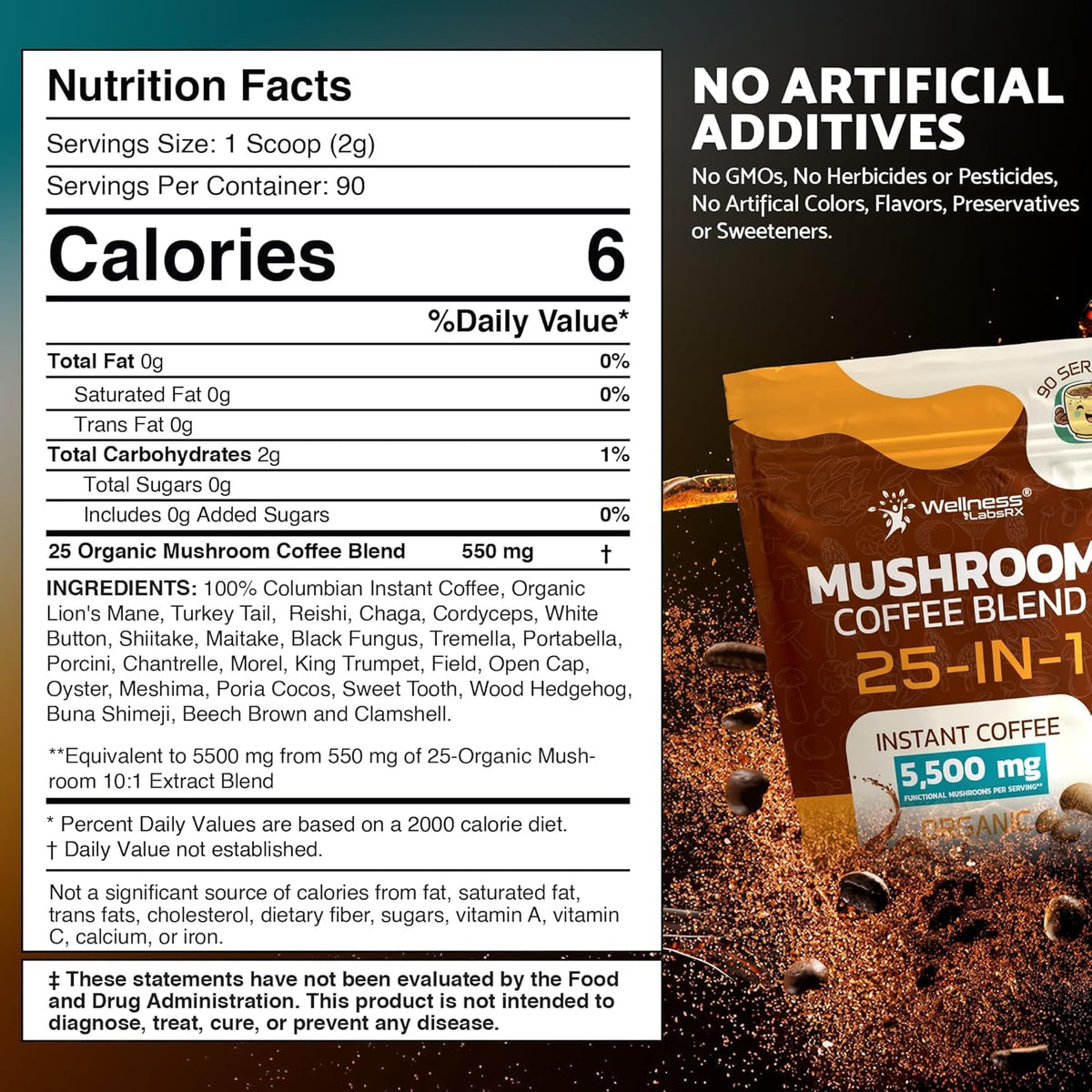 Mushroom Coffee Organic Instant Coffee, 25-in-1, Third-Party Tested Keto Friendly Lions Mane Supplement with Functional Mushrooms – Shiitake, Reishi, Lion’s Mane & More | Smooth, Rich Flavor - 90 Servings