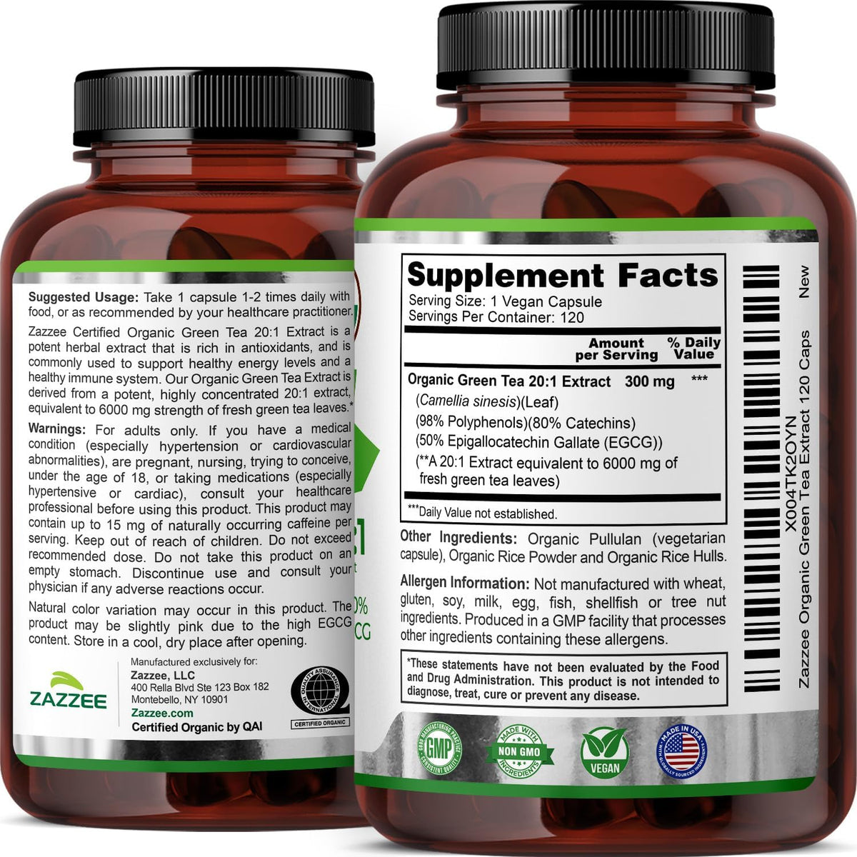 Zazzee USDA Organic Green Tea 20:1 Extract, 50% EGCG, 98% Polyphenols, 80% Catechins, 120 Vegan Capsules, 4 Month Supply, Antioxidant, Metabolism & Energy Support, Non-GMO, All-Natural, Made in USA