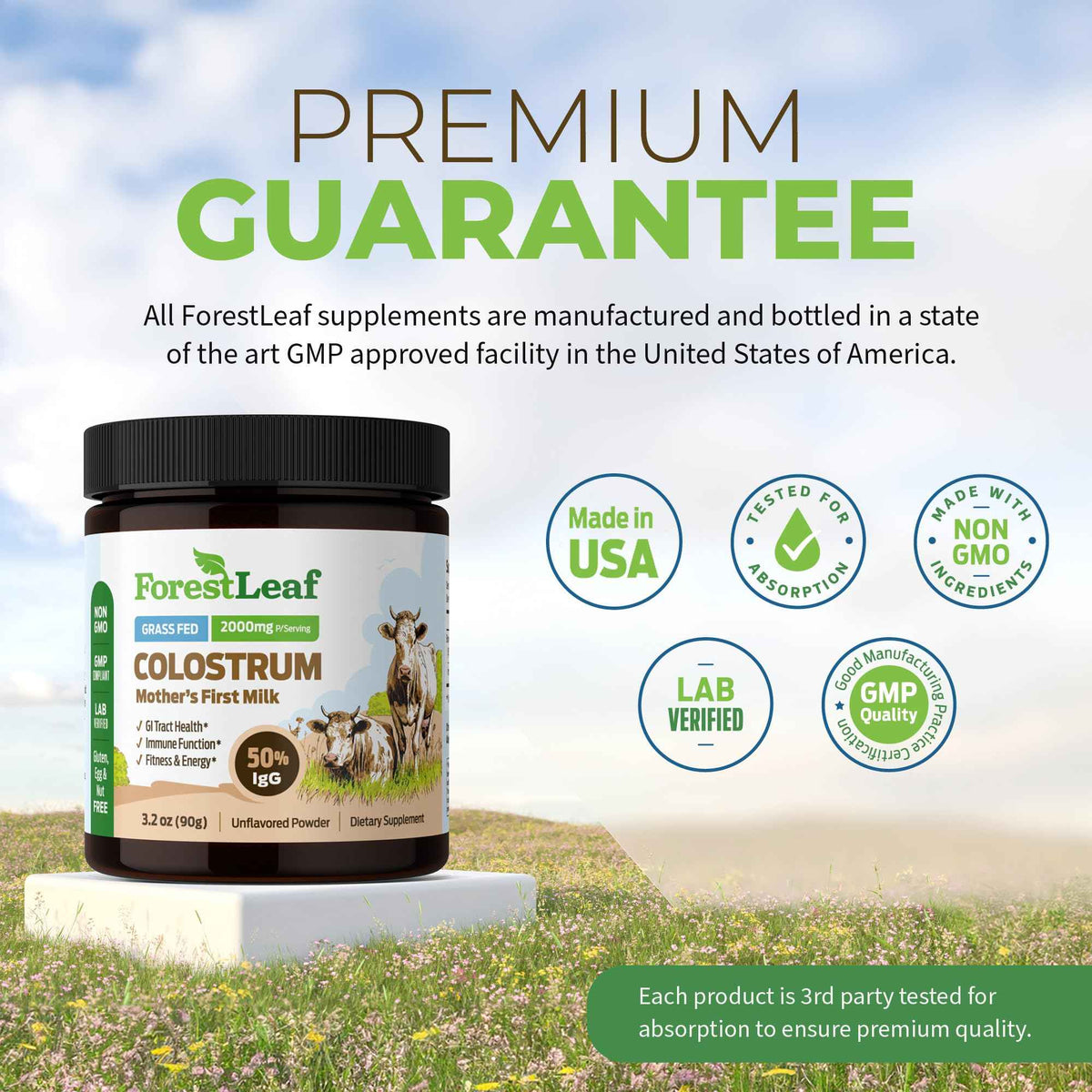 ForestLeaf Colostrum Powder 50% IgG Highest Pure Concentration, Grass Fed Colostrum Supplement for Gut Health, Immune Support and Muscle Recovery,