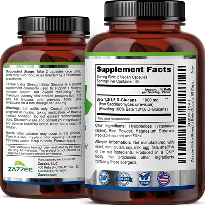 Zazzee Extra Strength 1,3/1,6 Beta Glucans, 1000 mg, 100% Concentrated, 90 Vegan Capsules, Supports a Healthy Immune System, 100% Vegetarian, All-Natural and Non-GMO