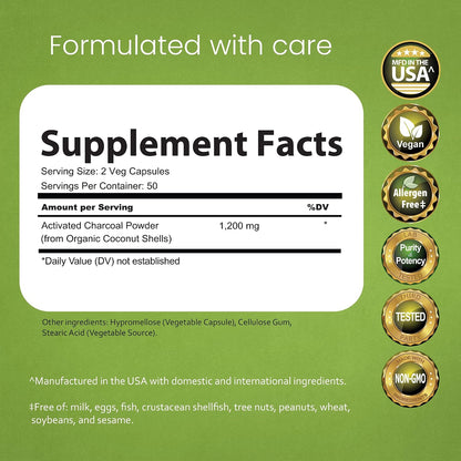 NaturaLife Labs Activated Charcoal 1200 mg per Serving – from Coconut Shells – 100 Veg Capsules – Non-GMO, Gluten-Free, Vegan