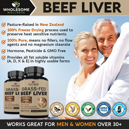 Wholesome Wellness Grass Fed Desiccated Beef Liver Capsules (180 Pills, 750mg Each) - Natural Iron, Vitamin A, B12 for Energy - Raised Undefatted in New Zealand Without Hormones or Chemicals