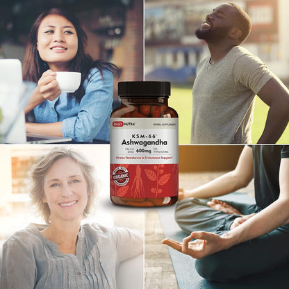 DailyNutra KSM-66 Ashwagandha 600mg Organic Root Extract - High Potency Supplement with 5% Withanolides | Relieves Tiredness, Supports Relaxation, Focus, Energy, & Muscle Growth (90 Capsules)