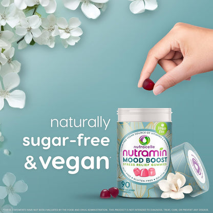 NUTRAMIN Mood Boost Multivitamin Gummy - Delicious & Yummy Anti-Stress Magnesium Ashwagandha Gummies + B Complex Vitamins for Focus and Calm - Sugar-Free, Vegan, Gluten-Free, Allergy-Safe (90 Count)