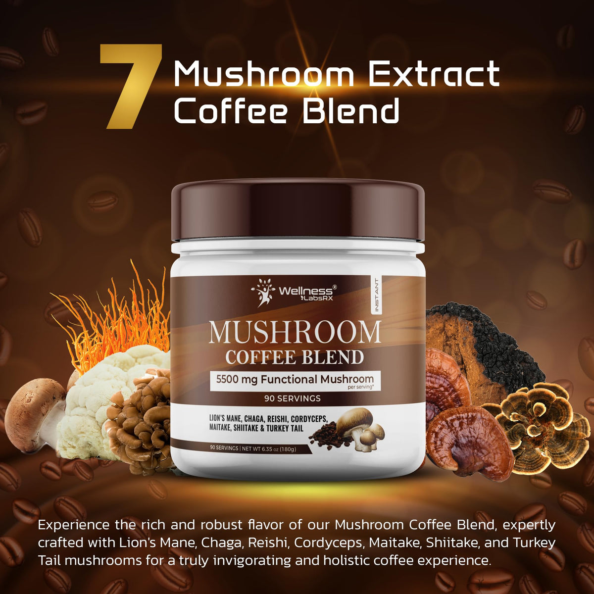 Mushroom Coffee, 90 Servings Organic Mushrooms Instant Coffea, Great Tasting Colombian Keto Coffee, 7 Superfood Mishrooms Lions Mane, Chaga, Reishi, Cordyceps, Maitake, Shiitake, and Turkey Tail
