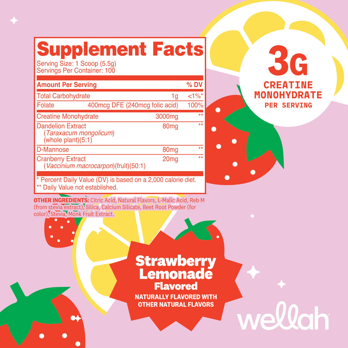 Wellah Creatine for Women - Creatine Monohydrate with Dandelion & Cranberry Extract (50 Servings, Strawberry Lemonade) | Creatine Monohydrate with Dandelion & Cranberry Extract