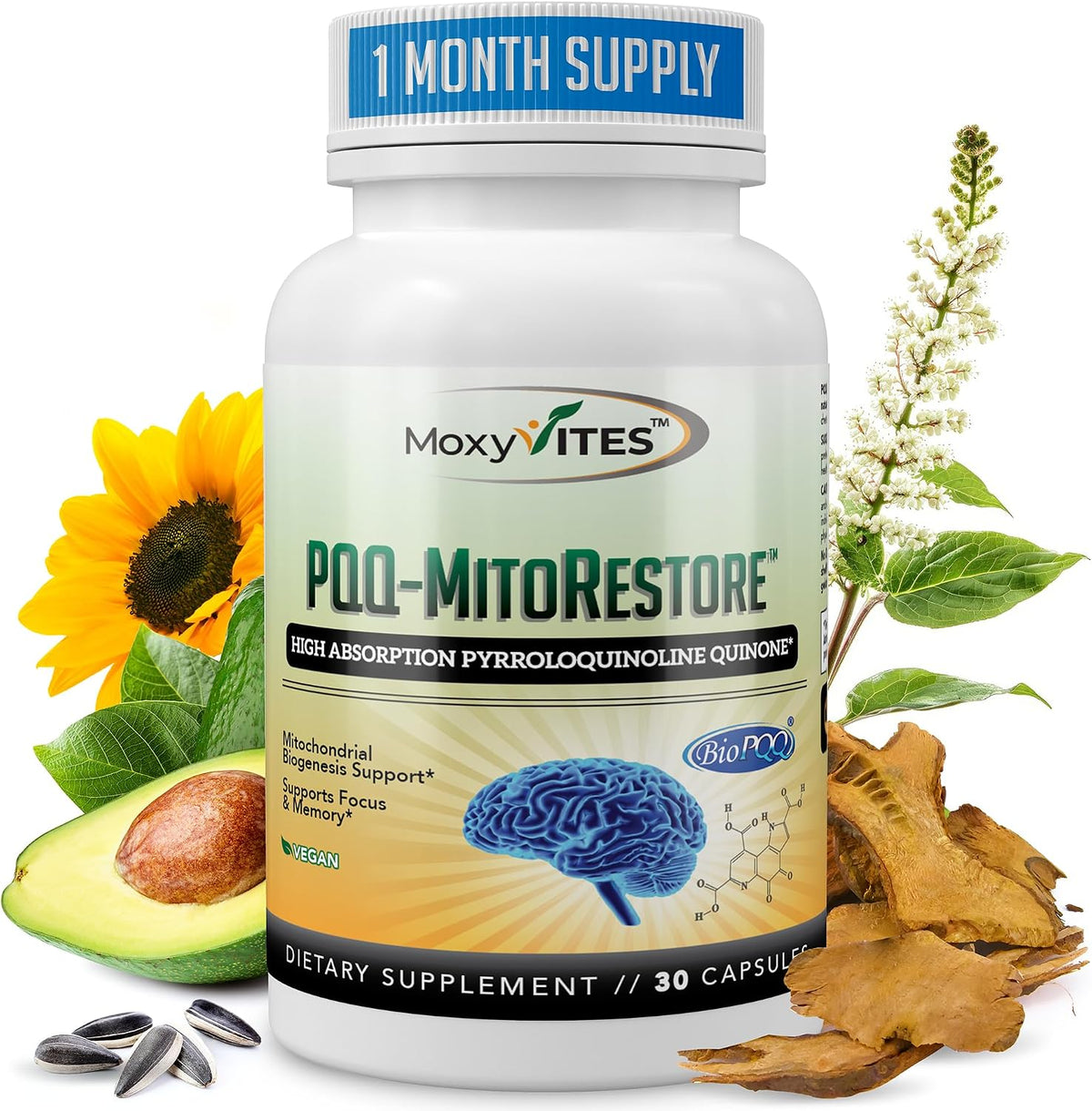 PQQ MITORESTORE Brain Supplements for Memory and Focus - Mitochondria Supplement with BioPQQ 20mg - Purest Form NOT Chemically Synthesized, Cognitive and Heart Support - 30 Vegan Capsules, Non GMO