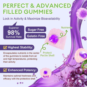 Totaria 2 PCS Sugar Free 5-in-1 Probiotic Prebiotic Postbiotic Gummy, 36 Strains Probiotics for Women Men with Digestive Enzymes, Peppermint, Complete Immune, Gut & Digestive Support, Grape Flavor