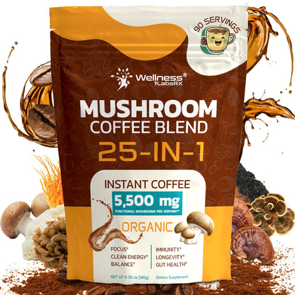 Mushroom Coffee Organic Instant Coffee, 25-in-1, Third-Party Tested Keto Friendly Lions Mane Supplement with Functional Mushrooms – Shiitake, Reishi, Lion’s Mane & More | Smooth, Rich Flavor - 90 Servings