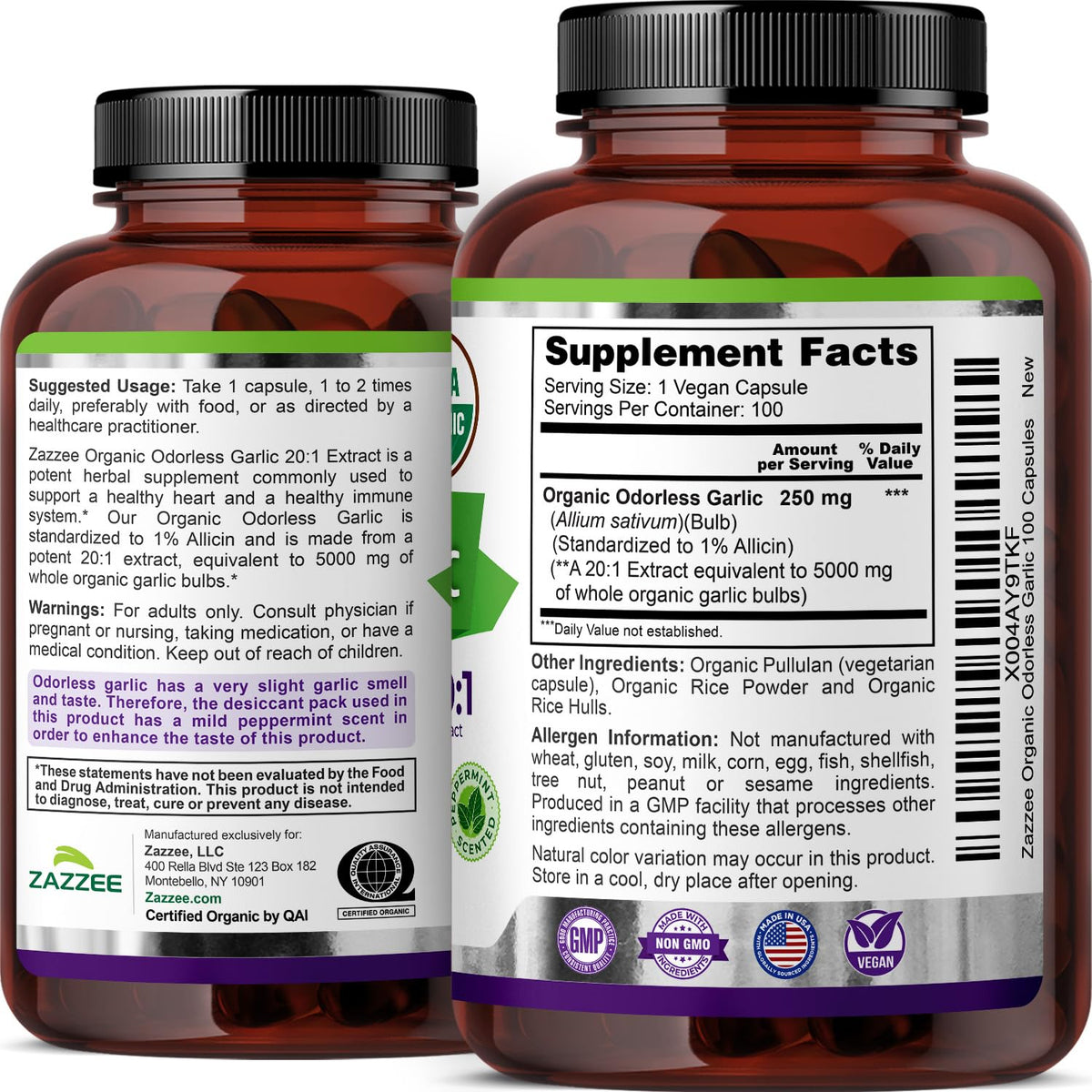 Zazzee USDA Organic Odorless Garlic 20:1 Extract, 1% Allicin, 100 Vegan Capsules, 3+ Month Supply, Allium Sativum, Immune, Circulation & Heart Health Support, All-Natural, Non-GMO, Made in the USA