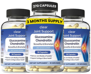 Clear Joint Support - 3-Month Supply | 3-Pack (270 Capsules) | Glucosamine Chondroitin MSM, Turmeric & Boswellia | Supports Knee, Hip & Back Health | Made in USA Clear ProbioticsBuy Supplements Australia