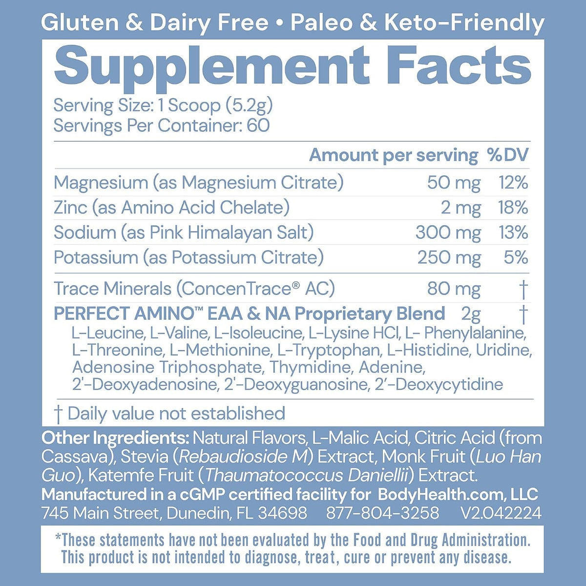 BodyHealth PerfectAmino Electrolytes Powder No Sugar, Keto Sugar Free Fasting Electrolytes Drink Mix, Hydration Powder with Trace Minerals - Watermelon - 60 Servings