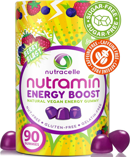 NUTRAMIN Energy Boost Vitamin Gummy - Skip The Coffee & Boost Your Energy, Caffeine-Free, Sugar-Free, Vegan, B12, Green Tea, Ashwagandha, Garcinia Cambogia, Raspberry Adaptogen - 90 ct