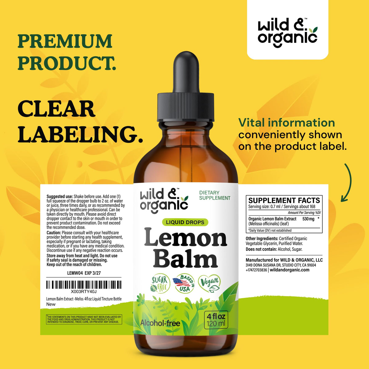 Wild & Organic Lemon Balm Tincture - Good Mood Support - Melissa Lemon Balm Extract Drops - Add to Tea for Relaxation - Vegan, Sugar & Alcohol-Free Leaf Supplement - 4 fl oz