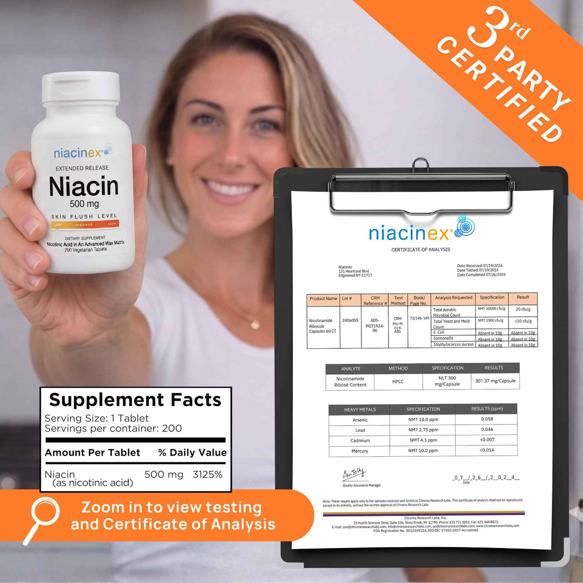 Niacinex Niacin 500mg Extended Time Release, 200 Tablets, Minimal to No-Flush, Vitamin B3 Supplement - Cholesterol Balance