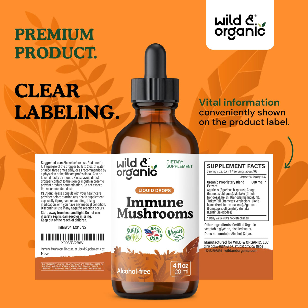 Wild & Organic Immune Mushroom Tincture - 8-in-1 Immune Support with Chaga, Reishi, Turkey Tail, Lion’s Mane, Maitake Extract - Liquid Mushroom Supplement - Vegan, Sugar & Alcohol-Free Drops - 4 oz