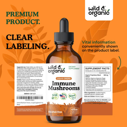 Wild & Organic Immune Mushroom Tincture - 8-in-1 Immune Support with Chaga, Reishi, Turkey Tail, Lion’s Mane, Maitake Extract - Liquid Mushroom Supplement - Vegan, Sugar & Alcohol-Free Drops - 4 oz