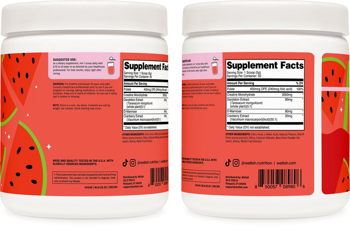 Wellah Creatine for Women - Creatine Monohydrate with Dandelion & Cranberry Extract (50 Servings, Strawberry Lemonade) | Creatine Monohydrate with Dandelion & Cranberry Extract