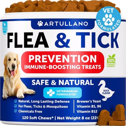 Flea and Tick Prevention for Dogs Chewables - Natural Flea Treatment Control - Supplement for Large & Small Dogs with Vitamins - Immune Support Chews - Puppy Pest Defense Oral Pills - 120 Soft Treats