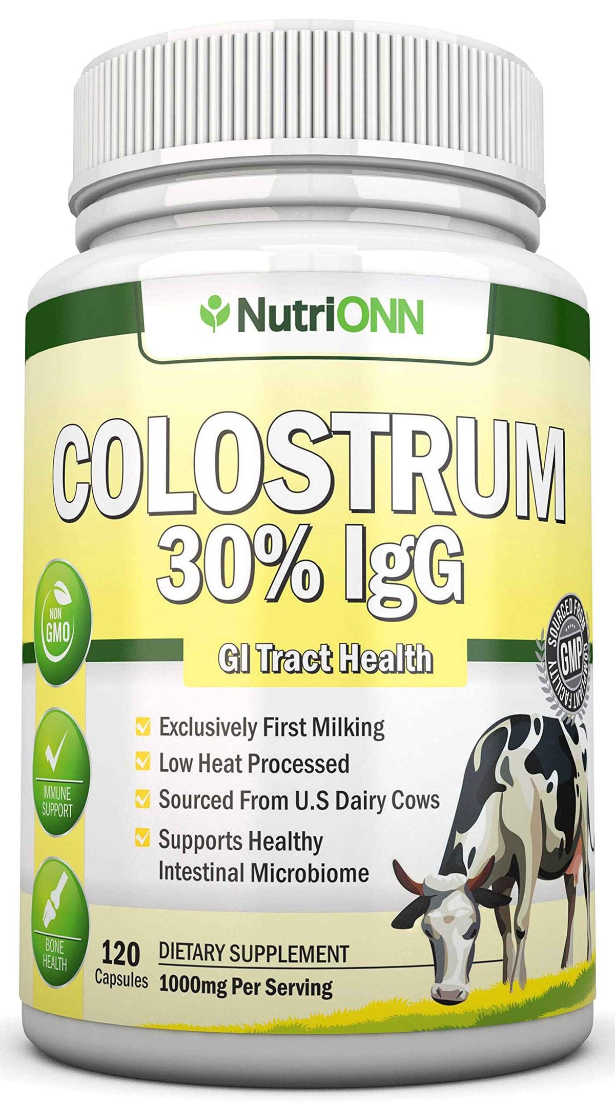 Colostrum - 1000mg - 120 Capsules - 30% IgG - Non-GMO US Dairy - First Milking Bovine Colostrum - Low Heat Processed - Great for GI Tract Health