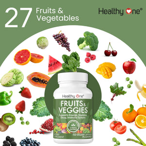 Fruits & Veggies Formula - 27 Premium Whole Foods - Organic Ingredients - Equals 3 Servings of Fruits & Vegetables - Improve Energy, Focus & Immune Function - Fiber - Antioxidants - 120ct (60 Serv) Healthy OneBuy Supplements Australia