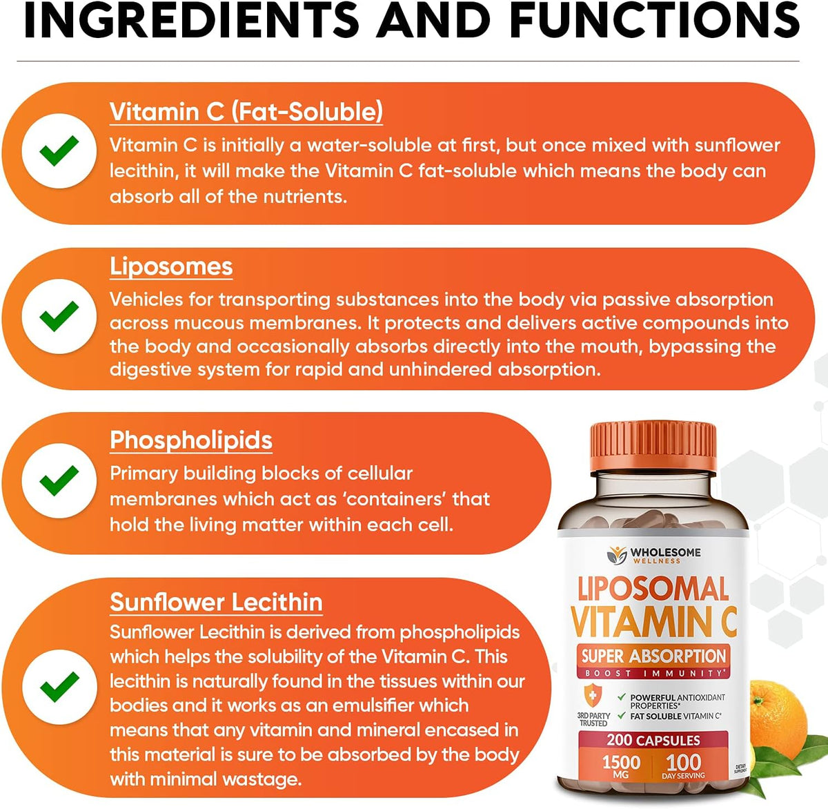 Wholesome Wellness Liposomal Vitamin C Capsules (200 Pills 1500mg Buffered) + Super-Absorb Multi Collagen Pills (Type I II III V X) Organic Herbs and Bioperine Bundle