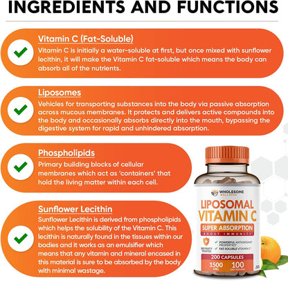 Wholesome Wellness Organic Probiotics 100 Billion CFU, Dr Formulated for Women and Men + Liposomal Vitamin C Capsules (200 Pills 1500mg Buffered) High Absorption VIT C Bundle