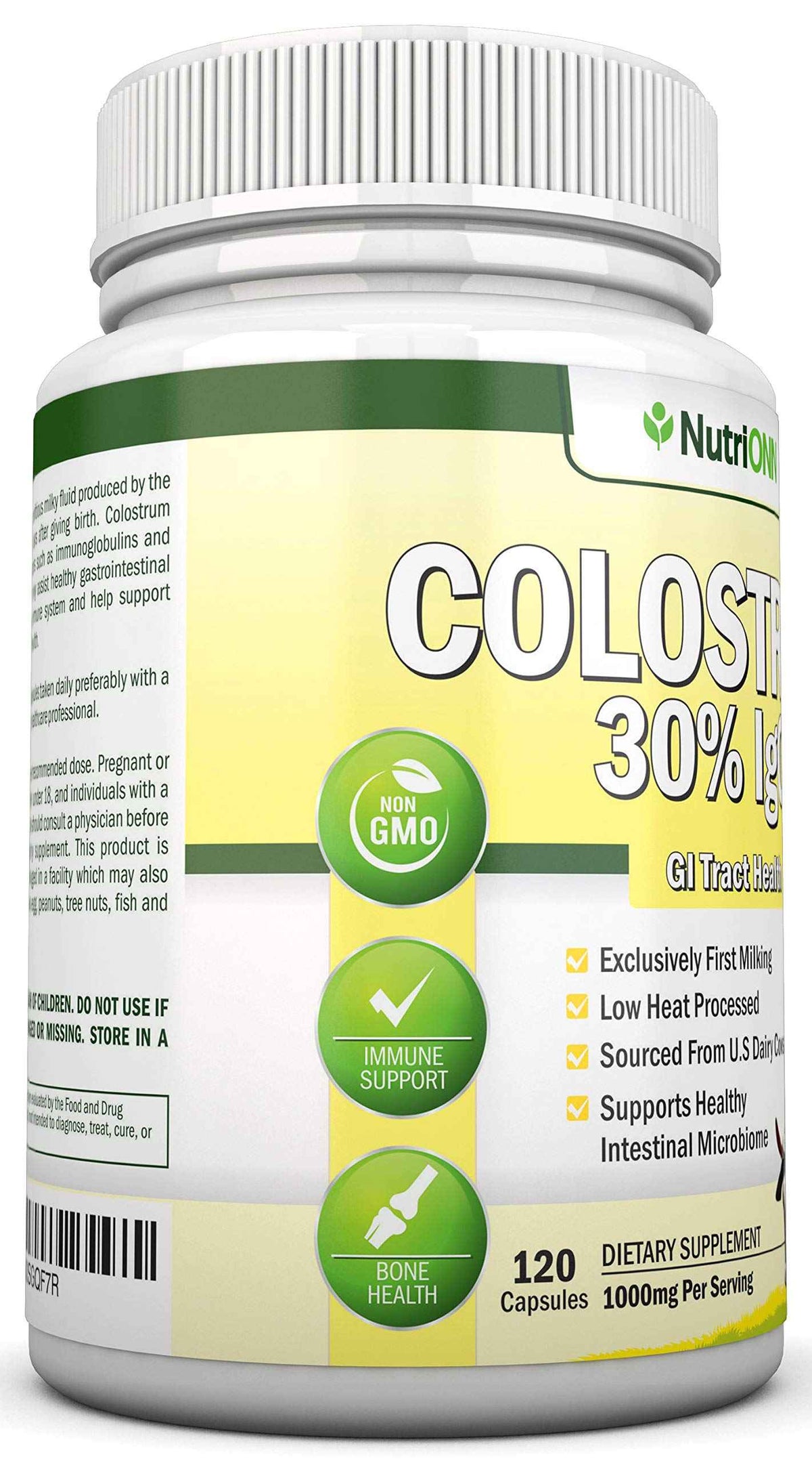 Colostrum - 1000mg - 120 Capsules - 30% IgG - Non-GMO US Dairy - First Milking Bovine Colostrum - Low Heat Processed - Great for GI Tract Health