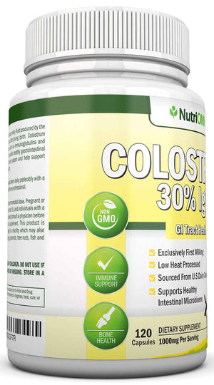 Colostrum - 1000mg - 120 Capsules - 30% IgG - Non-GMO US Dairy - First Milking Bovine Colostrum - Low Heat Processed - Great for GI Tract Health