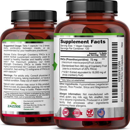 Zazzee Cranberry PACs 72 mg per Capsule, 50:1 Extract, 120 Vegan Capsules, 2X Strength, 4 Month Supply, Fast-Acting, Effective Urinary Tract & Bladder Support, 100% Soluble PACs, Made in the USA
