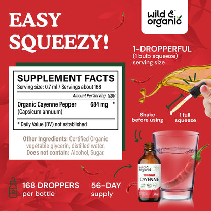 Wild & Organic Cayenne Pepper Drops - Antioxidant & Digestive Support - Capsaicin Supplements - Fast Absorbing Liquid Cayenne Pepper Extract Tincture - No Spicy Aftertaste, Alcohol-Free - 4 fl oz