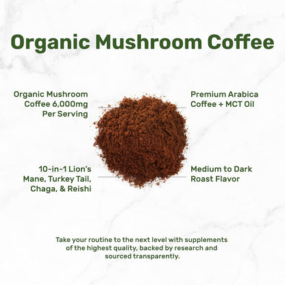 Organic Mushroom Coffee, 10oz – 10 Adaptogenic Mushrooms with Arabica Coffee + MCT Oil for Smooth Flavor – Turkey Tail, Lions Mane, Cordyceps, Chaga, Reishi – Immune, Energy,& Brain Support Supplement