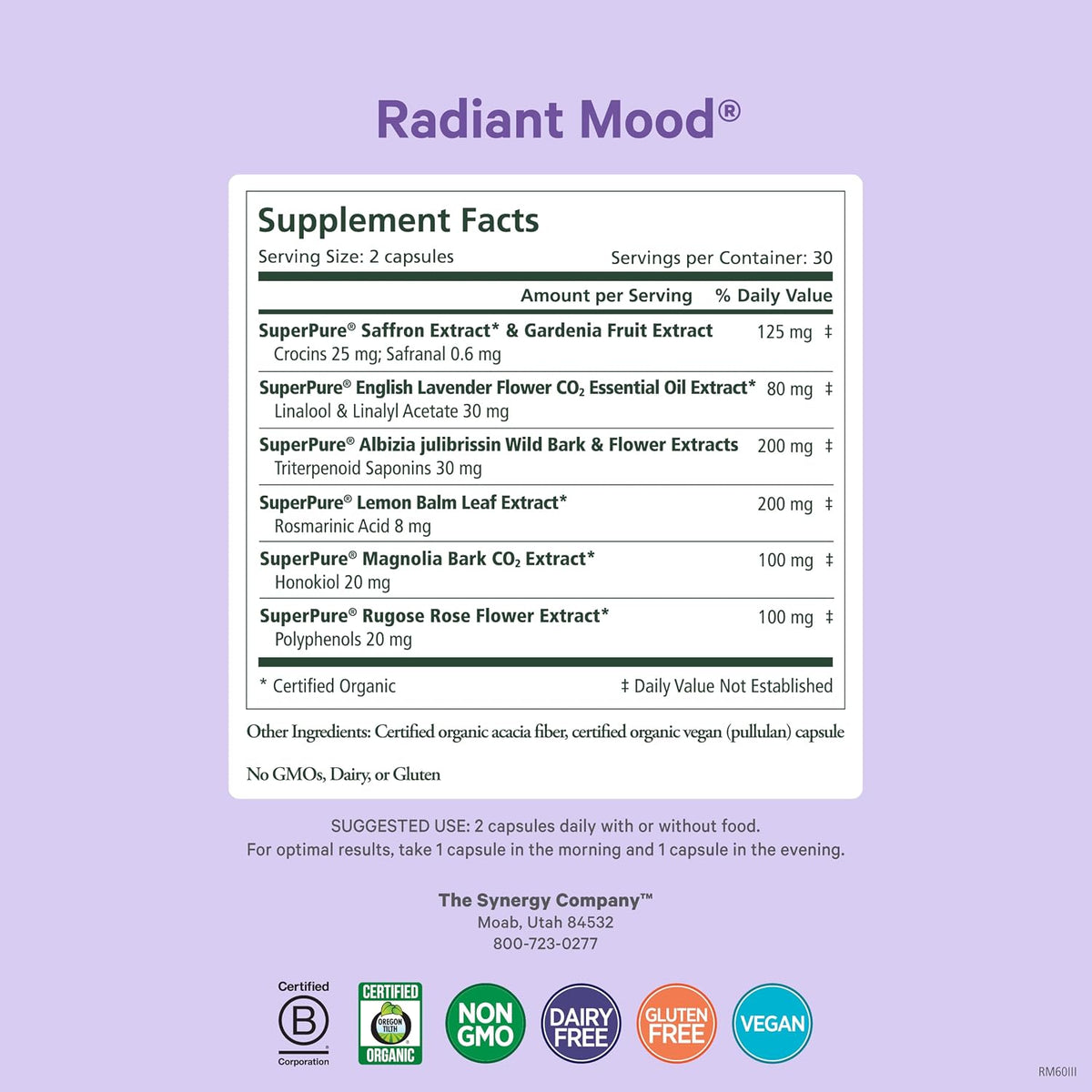 Pure Synergy Radiant Mood | Natural Mood and Sleep Supplement with Organic Saffron | with Saffron, Lemon Balm, and Magnolia Bark | for Sleep, and Stress Support (60 Capsules)