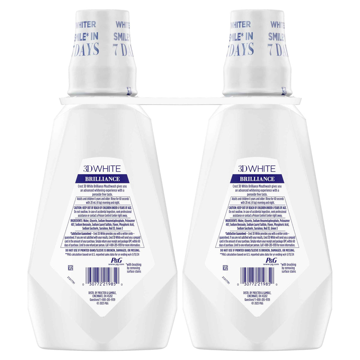 Crest 3D White Mouthwash, Teeth Whitening for Adults, 1L, 2 Pack, Alcohol Free Mouth Rinse, Breath Freshener, Antibacterial, Antiseptic,