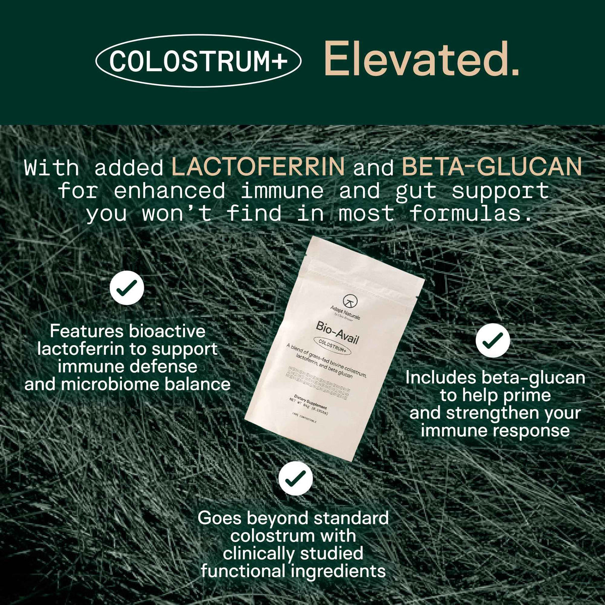 Adapt Naturals Colostrum Supplement with Lactoferrin & Beta-Glucan, Bio-Avail Grass Fed Bovine Colostrum Powder for Gut Health, Immune Support & Vitality